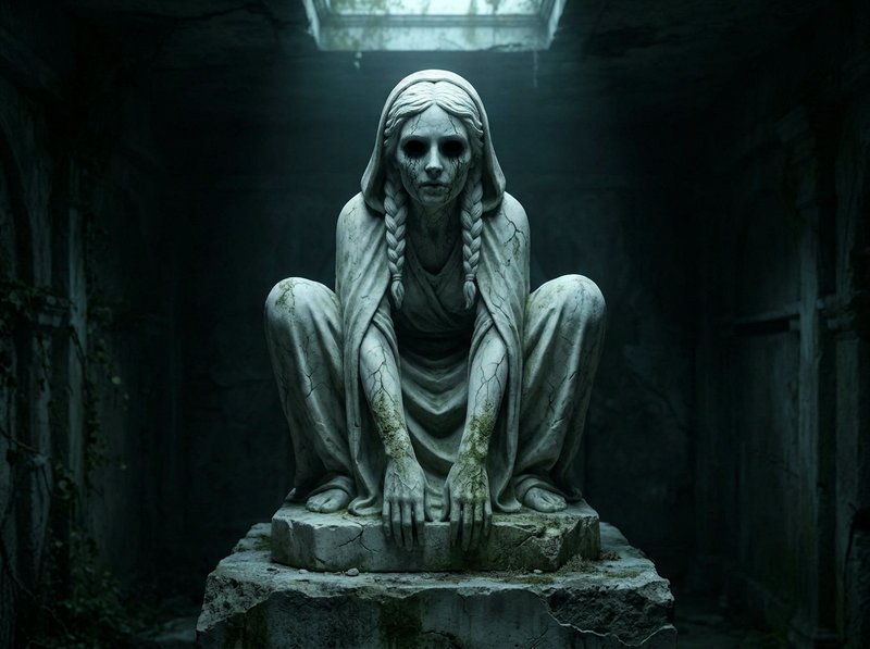 Creepy crouched hooded female stone statue with hollow dark eyes sits on a plinth in a dim abandoned crypt