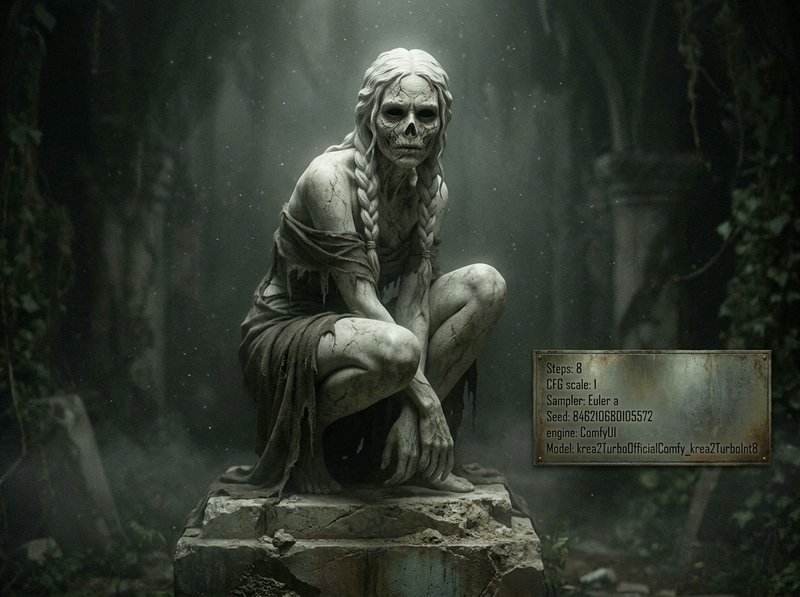 Cracked stone statue of a skeletal braided woman crouching on a plinth in a misty overgrown graveyard