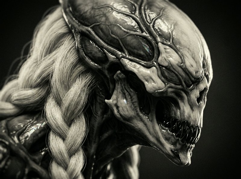 Close-up profile of a grotesque glossy alien creature with pale braided hair and sharp jagged teeth