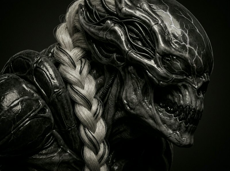 Close-up profile of a menacing glossy biomechanical alien creature with a long pale blonde braid