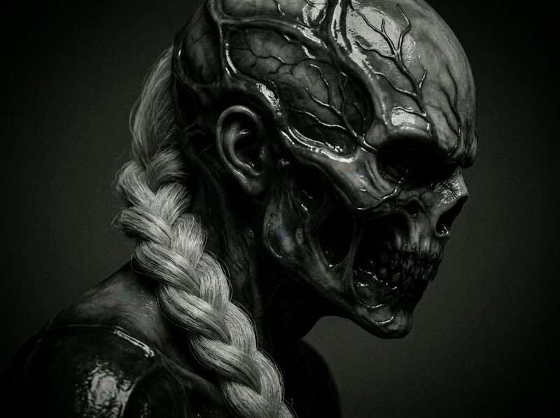 Close-up profile of a menacing skull-faced undead creature with long pale braided hair