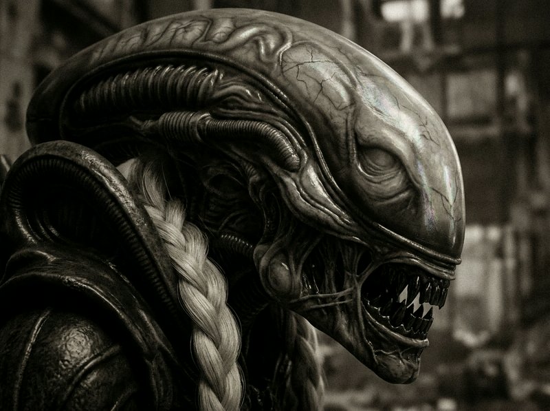 Close-up surreal portrait of a Xenomorph-style alien with long blonde braids rendered in sepia tones