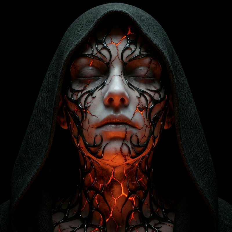 Hooded dark fantasy figure with closed eyes, glowing orange cracked skin and ornate black facial filigree