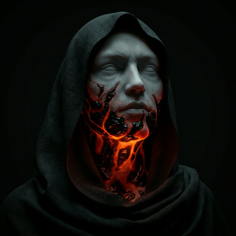 Hooded humanoid figure with glowing molten cracks spreading across its pale face and neck