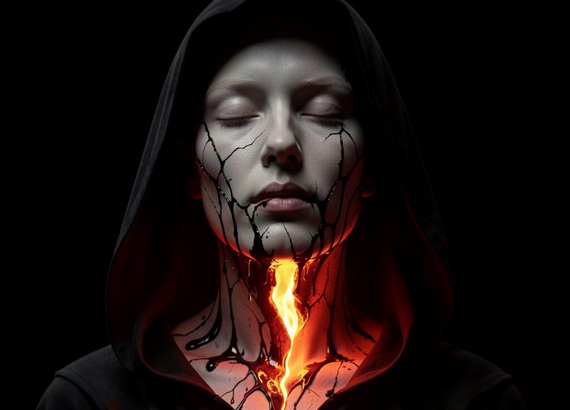 Hooded pale figure with cracked dark streaked skin, glowing molten lava flowing from their throat