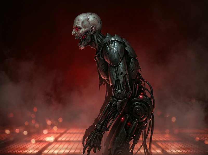 Snarling skeletal cyborg zombie with glowing red eyes stands on a lit futuristic grid floor