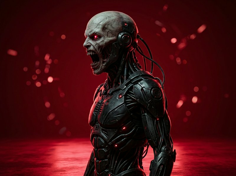 Screaming skeletal cybernetic cyborg with glowing red eyes against a dark red bokeh background