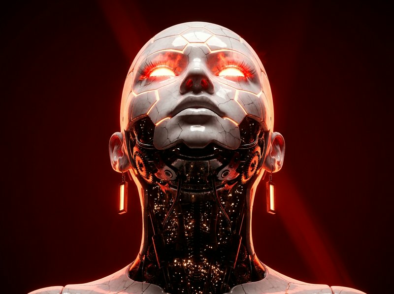 Cracked porcelain female android with glowing red eyes tilts upward against a dark red background