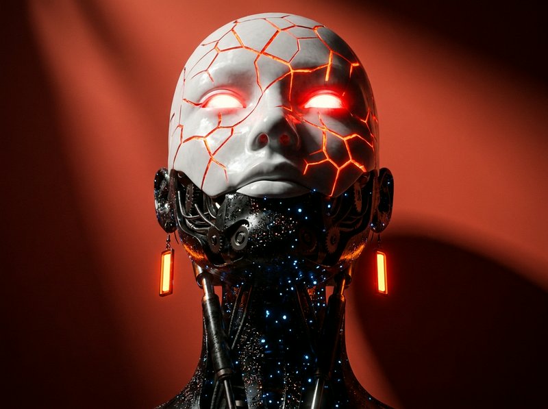 Cracked white android head with glowing red eyes and mechanical neck against a warm red background