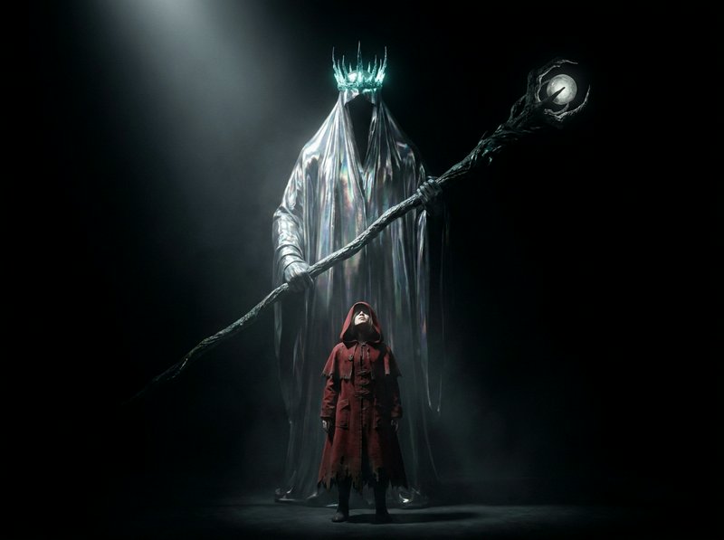 Small hooded figure in a red cloak stands before a towering faceless silver cloaked sorcerer holding a magical staff