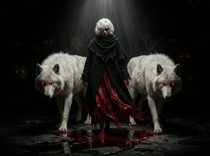 Pale white-haired supernatural figure stands flanked by glowing red-eyed white wolves in a dark shadowy cavern