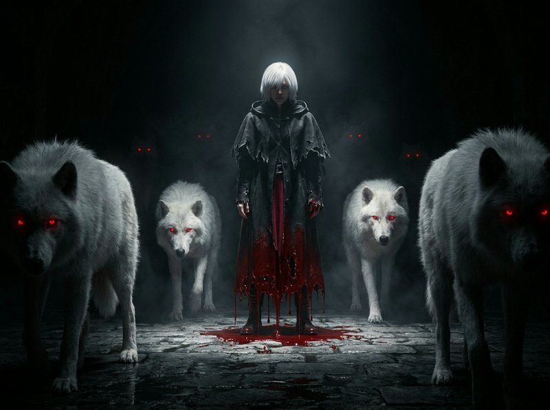 White haired dark fantasy character stands surrounded by glowing red-eyed white wolves in a misty dungeon