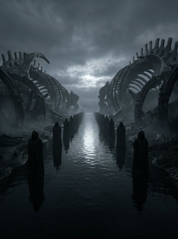 Hooded robed figures stand in a flooded path between colossal skeletal rib structures under a stormy overcast sky