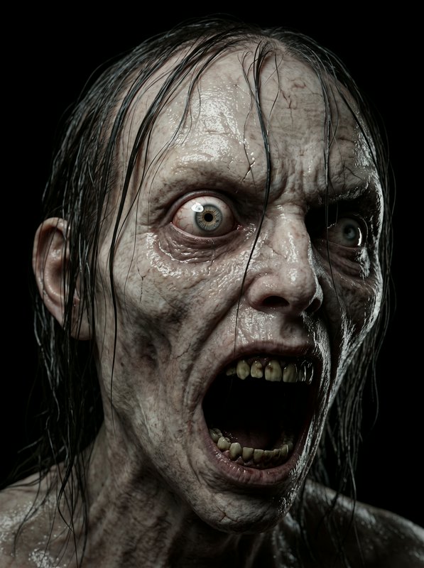 Close-up portrait of a screaming gaunt zombie with bulging eyes and wet stringy hair against black