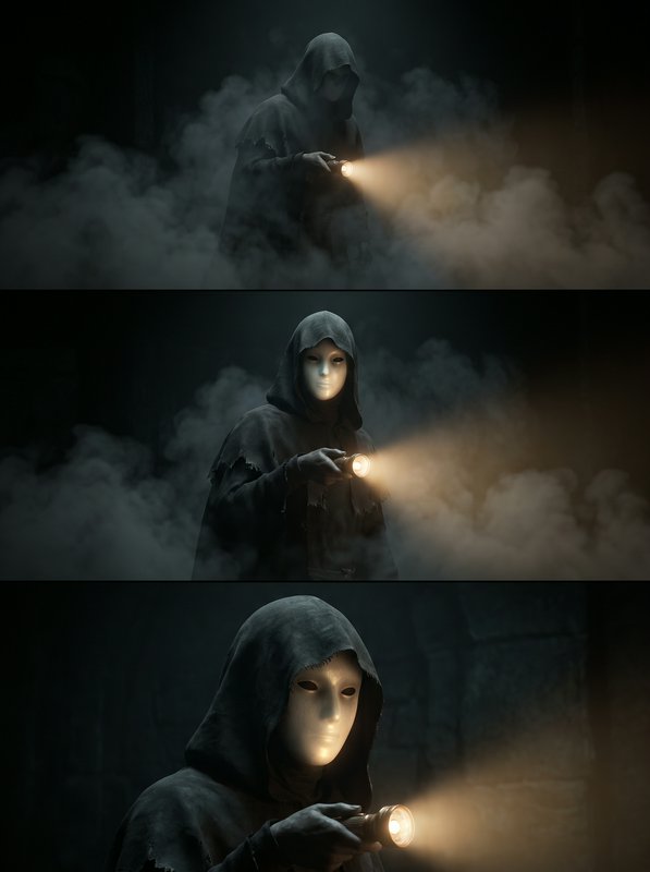 Vertical triptych zoom sequence of a hooded masked figure holding a flashlight in dark smoky fog