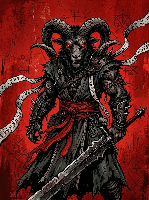 Menacing horned goat warrior with glowing red eyes holding a jagged greatsword against an occult red background