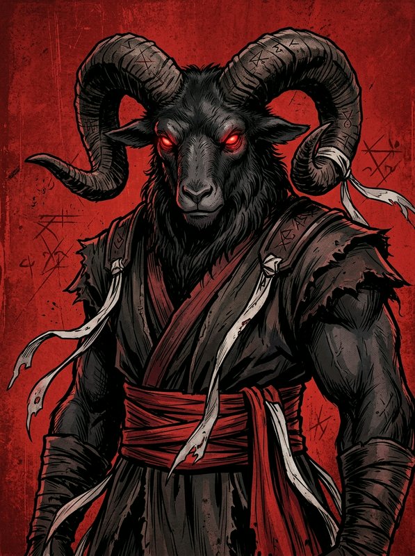 Anthropomorphic ram warrior with glowing red eyes and rune-carved horns stands against a gritty red occult background