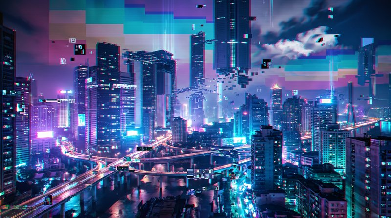 Glitch effect cyberpunk neon city skyline at night with glowing skyscrapers and elevated highways