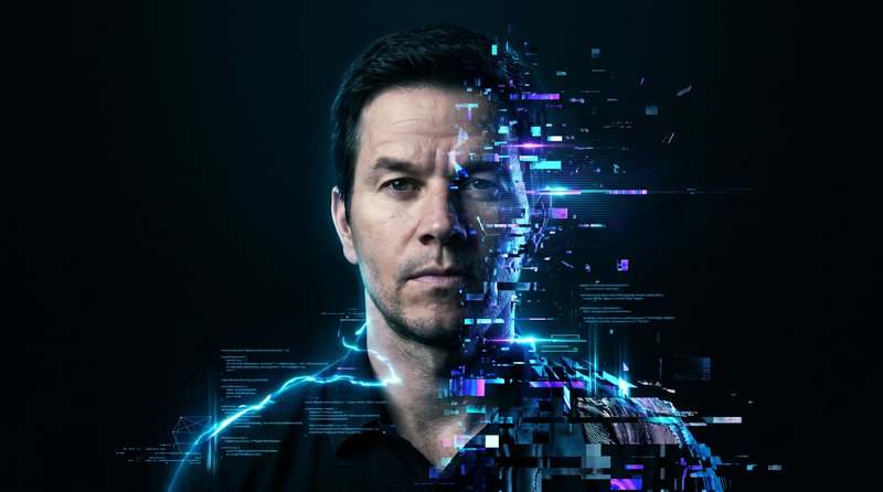 Portrait of Mark Wahlberg with half his face fragmented into glowing digital glitch effects against a dark background