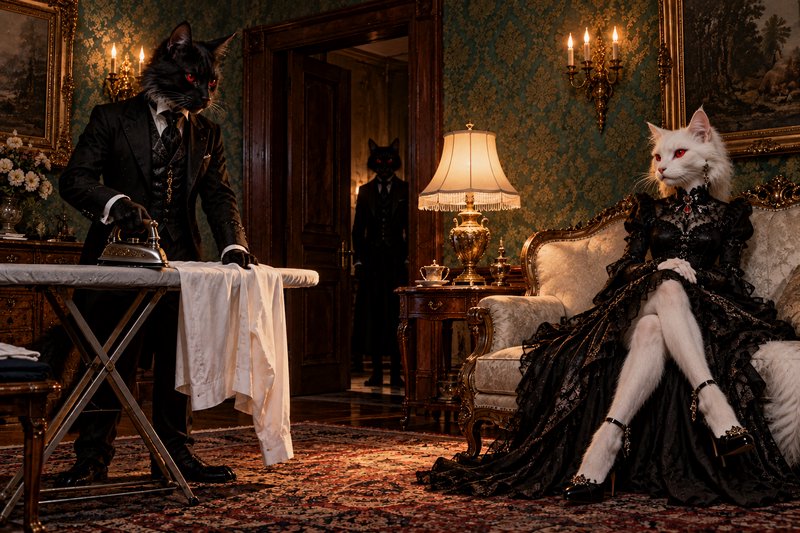 Anthropomorphic formally dressed cats in a Victorian parlor, black cat butler irons linens while a white lady cat sits on an