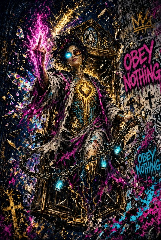 Cybernetic fantasy sorceress channels pink magic, seated on a gilded floating throne beside rebellious graffiti