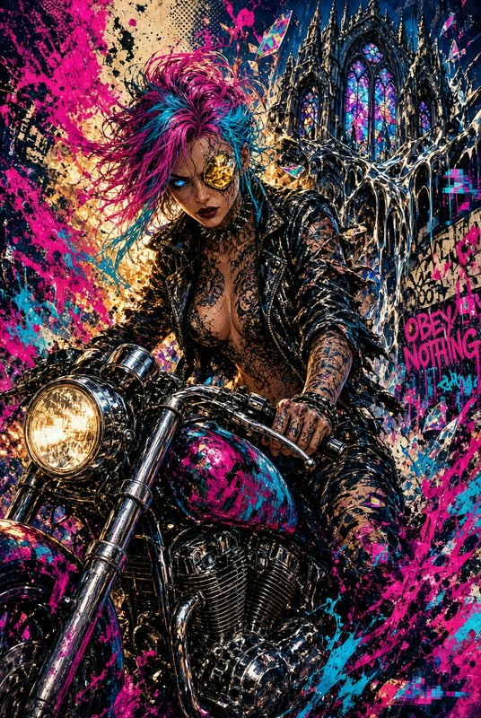Tattooed punk woman with pink and blue hair and a gold eye patch riding a custom chrome motorcycle