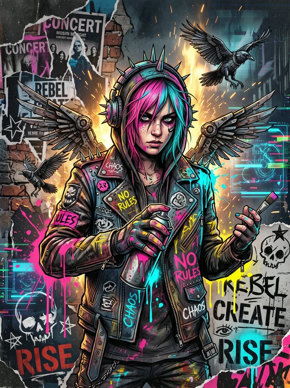 Rebellious cyberpunk punk artist with split pink teal hair, mechanical wings holding spray paint and a paintbrush
