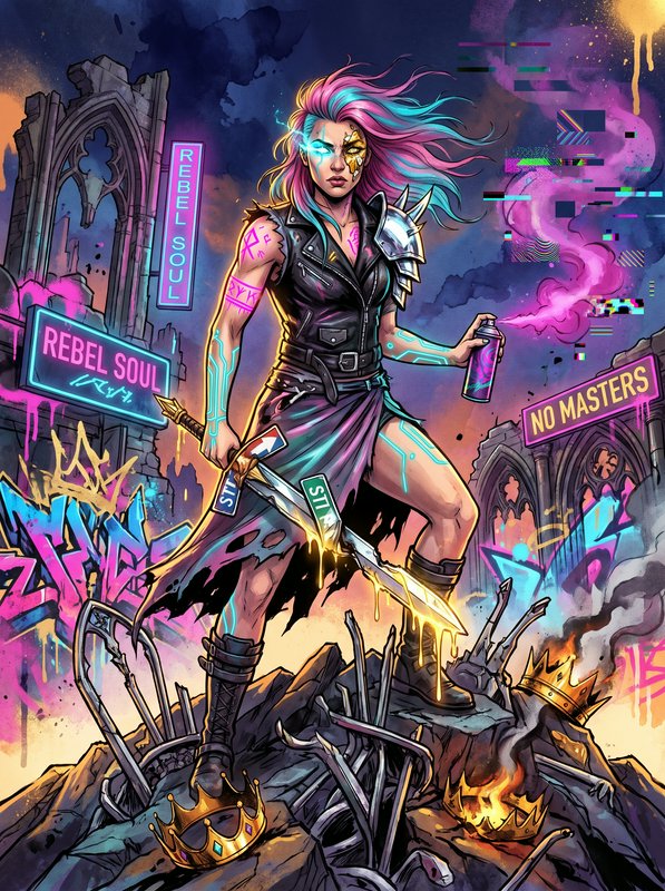Fierce cyberpunk warrior with gradient pink-blue hair stands on shattered thrones holding a glowing sword and spray can in a