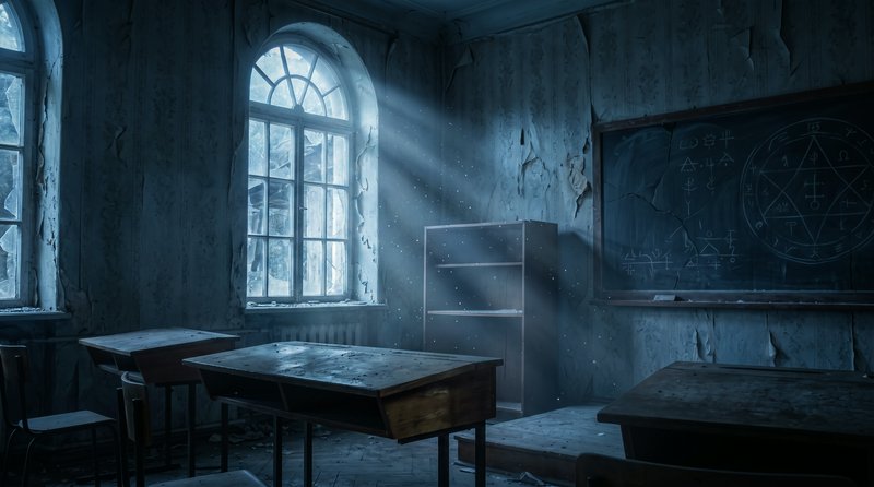 Sunbeams stream through broken arched windows into a dilapidated abandoned classroom with occult chalk markings