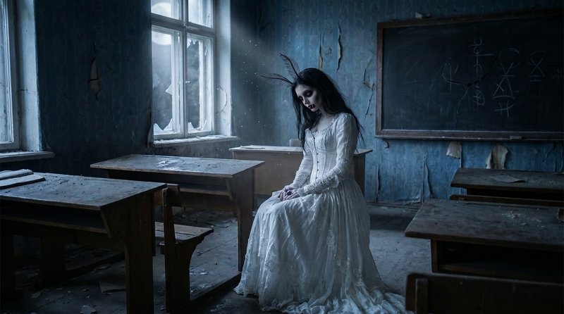 Pale ghostly woman in a white lace gown sits alone in a crumbling abandoned moonlit classroom