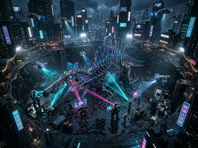 Futuristic cyberpunk excavation crew scans a giant spinosaurus skeleton in a downtown city dig site