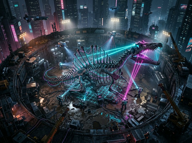 Futuristic cyberpunk excavation crew scanning a giant spinosaurus dinosaur skeleton with neon laser tech