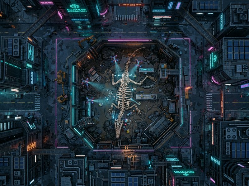 Top-down view of a neon cyberpunk excavation pit holding a giant prehistoric reptile skeleton being studied