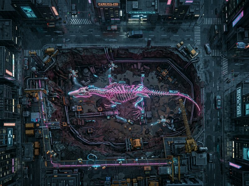 Aerial top-down view of a glowing neon cybernetic dinosaur skeleton in a city excavation pit