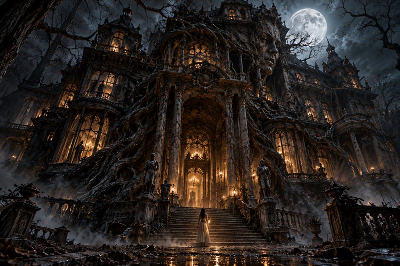 Lone woman in a pale gown stands on stone steps before a gnarled haunted gothic manor under a full moon.