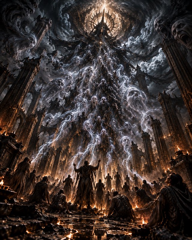 Worshippers gather for a dark occult ritual beneath cascading screaming spirits and an infernal throne