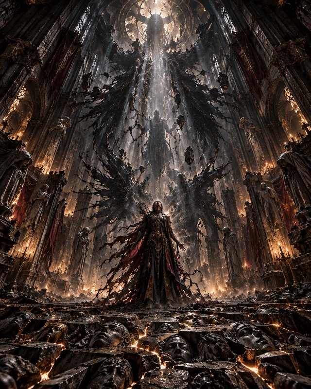 Dark robed angelic figure stands beneath ascending ethereal spirits in a massive glowing gothic cathedral