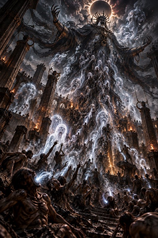 Towering undead lich god looms over supplicants as souls rise during an eclipse in a hellish gothic temple