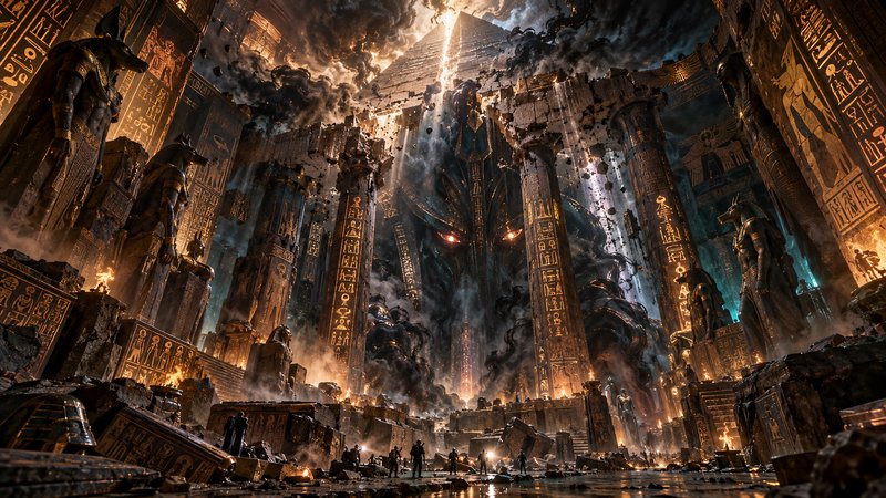 Menacing giant pharaoh entity emerges from a crumbling ancient Egyptian pyramid temple as small explorers stand below