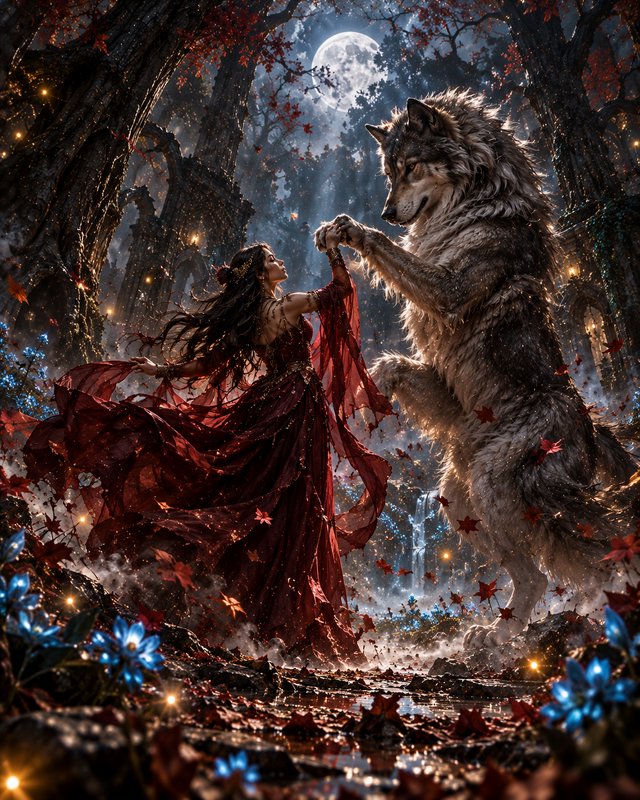 Woman in a flowing red gown dances with a giant wolf beneath a full moon in an enchanted autumn forest