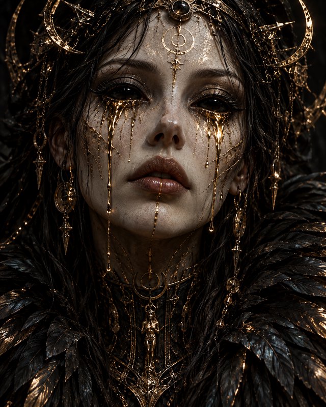 Close up portrait of a dark fantasy goddess with streaming golden tears, ornate gold regalia and black feather cloak