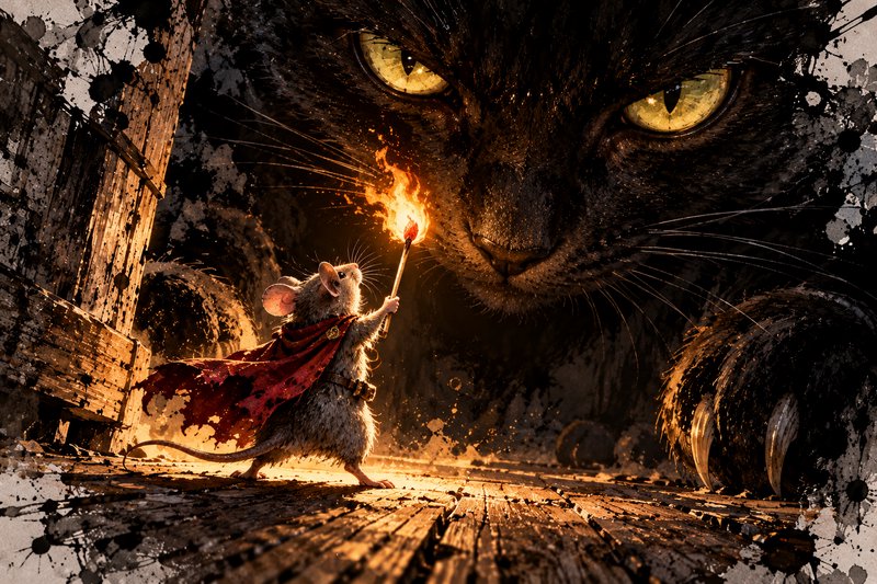Tiny heroic mouse in a tattered red cape holds a torch facing a looming giant black cat