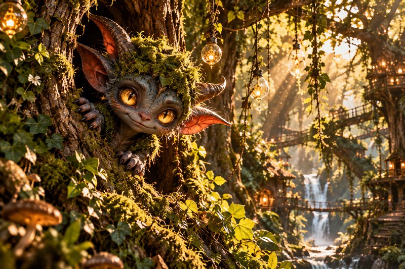 Cute mossy horned forest sprite peeks from a tree hollow in a sunlit enchanted tree village