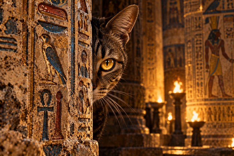 Tabby cat with glowing golden eyes peeks from behind a hieroglyph-carved stone pillar in an Egyptian temple