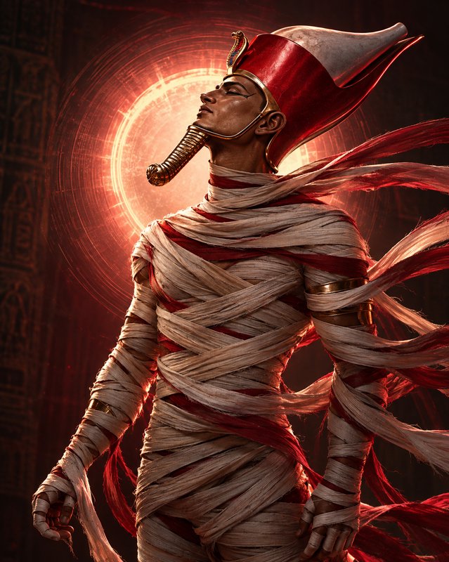 Mummified ancient Egyptian pharaoh wearing royal crown stands before a glowing red circular aura.
