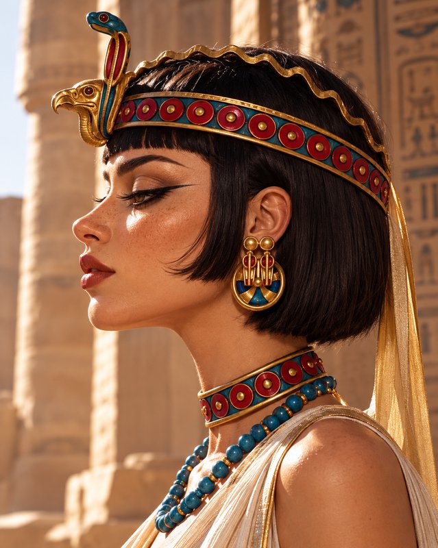 Profile portrait of a regal ancient Egyptian queen wearing ornate pharaonic regalia in a sunlit stone temple