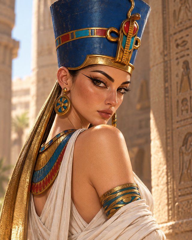 Ancient Egyptian queen in a blue cobra headdress looks over her shoulder beside a carved sandstone temple