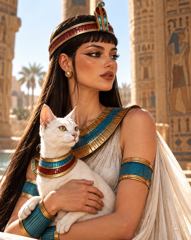 Regal ancient Egyptian queen holding a white sacred cat on the grounds of a sunlit stone temple