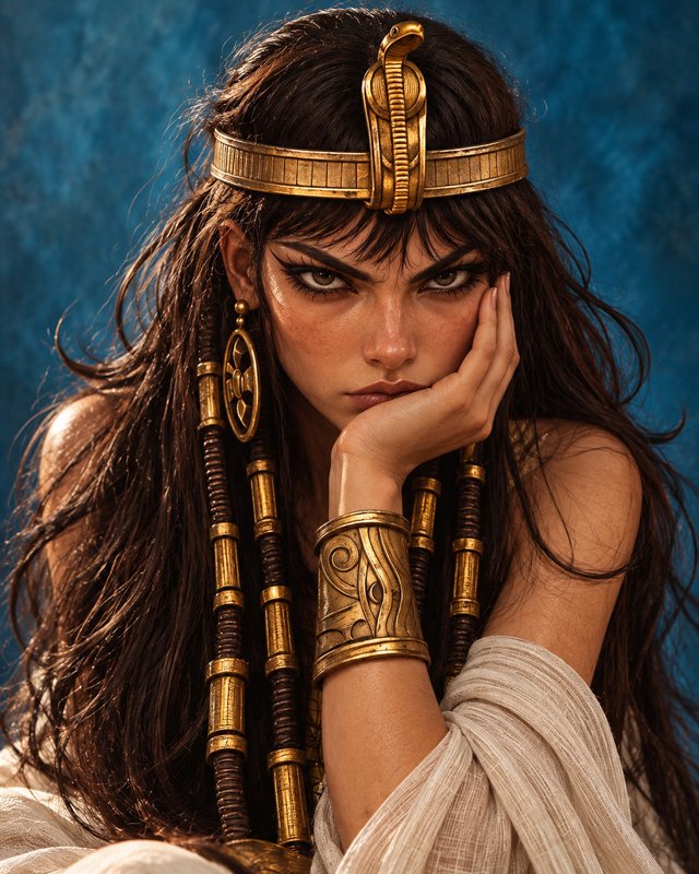 Stern ancient Egyptian queen with golden uraeus headband rests her cheek on her hand, gazing directly at the viewer