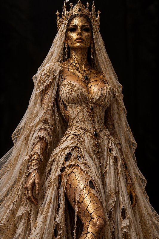 Gilded cracked undead queen wearing an ornate golden crown and tattered bridal gown against a dark backdrop